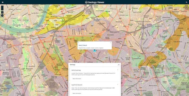 A screenshot of BGS' Geology Viewer, showing Clapham Park's bedrock geology. 