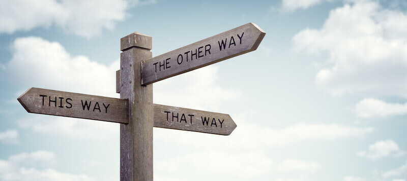 A road sign showing three alternative ways to go.