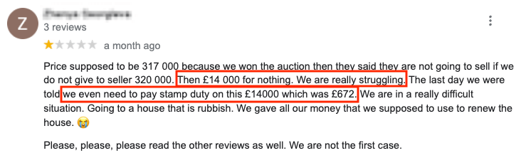 Screenshot of a buyer's online review of an auction house. The buyer had not realised there were additional fees that would eat into their budget. 