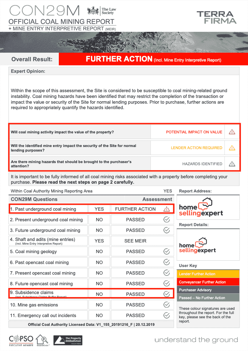 An example of a coal mining report by Terrafirma, which has flagged that further action is required.