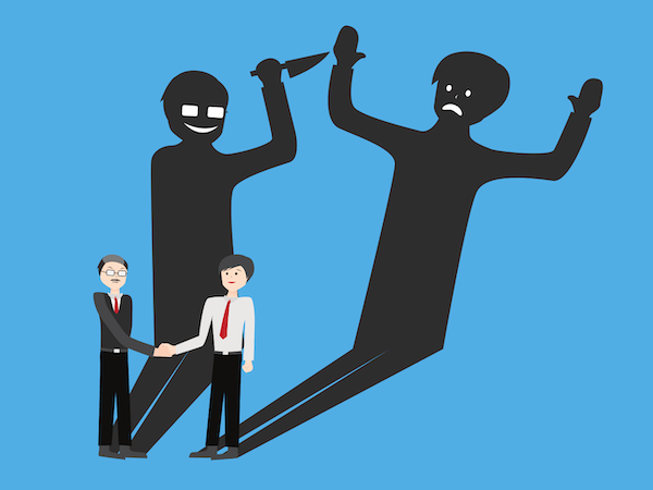 Illustration of two businessmen shaking hands. Behind them, the shadow of one man attacks the other. 